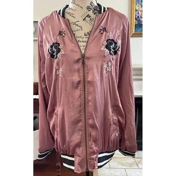 Billabong Bomber Jacket Women's Size S/P Pink Silky Floral Rose Ash Embroidered - Picture 2 of 10
